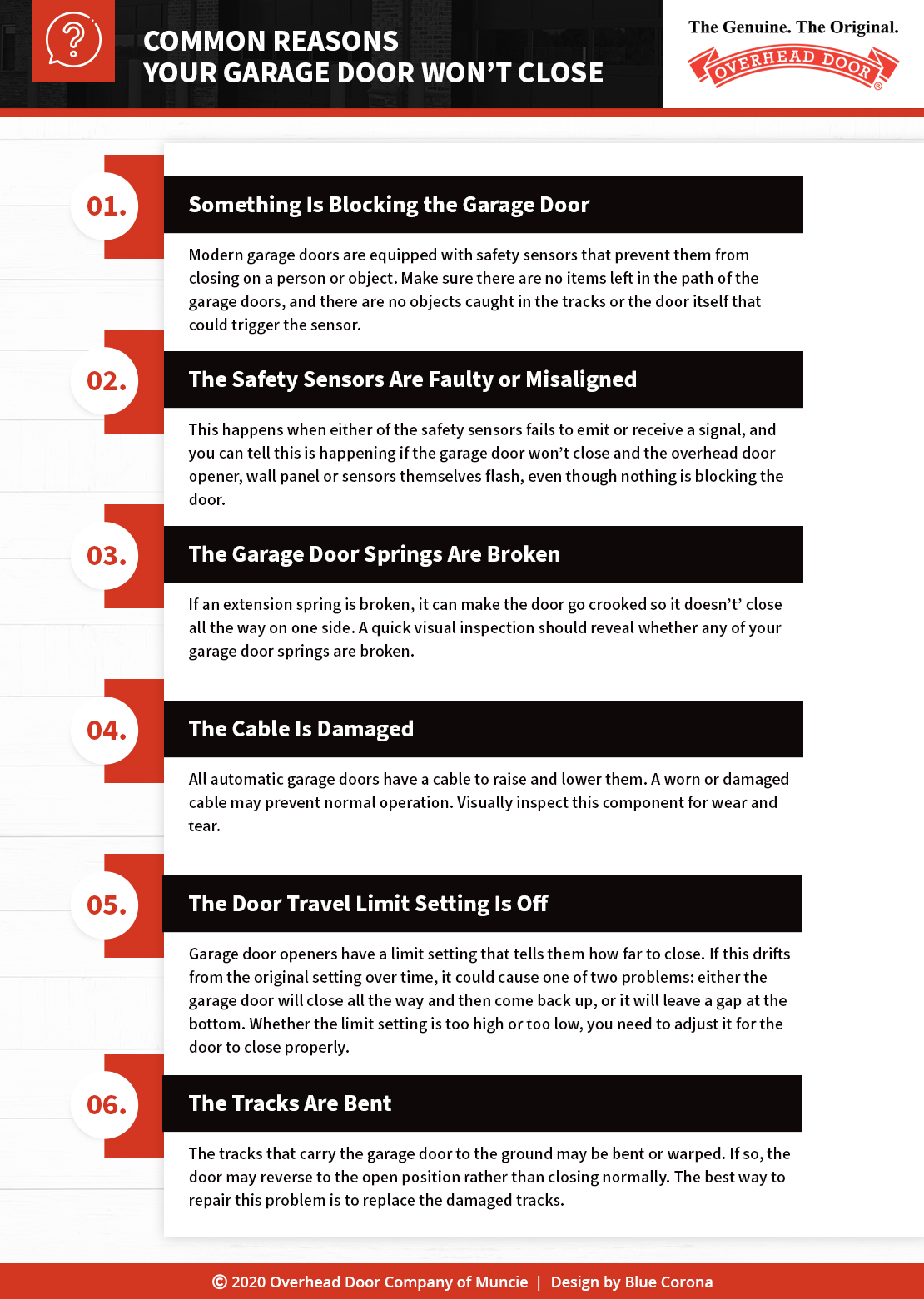 Infographic explaining top 6 reasons your garage door might not be closing.